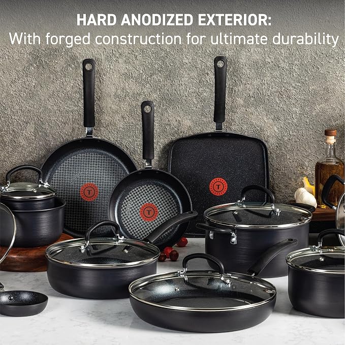 T-fal Ultimate Hard Anodized Nonstick Pots and Pans Set, 14-Piece, Onyx | Titanium nonstick coating, Thermo-Spot heat indicator, Oven safe to 400°F, Dishwasher safe, All stovetops except induction