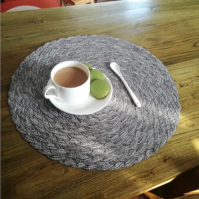 Topotdor Round Placemats Heat-Resistant Stain Resistant Anti-Skid Washable Polyproplene Table Mats Placemats (Braided-Gray, Set of 4)