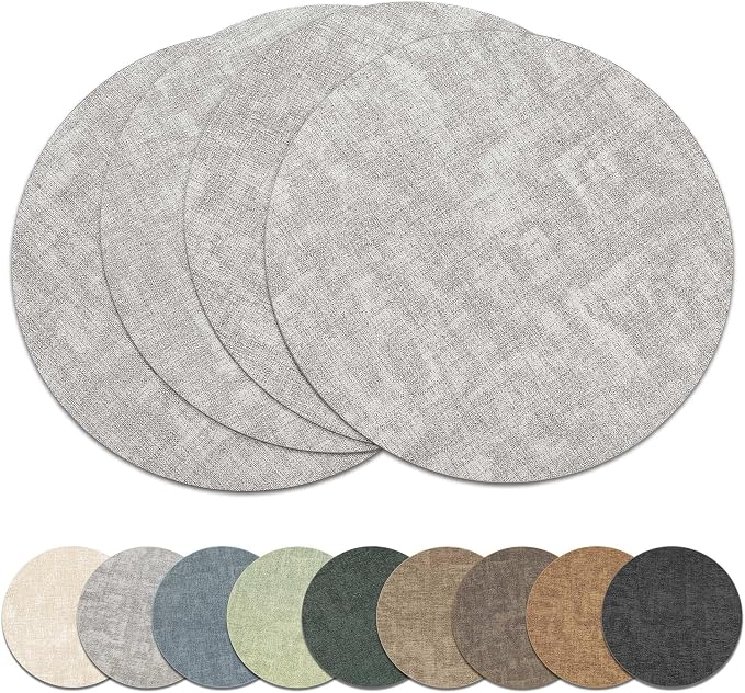 13" Round Placemats Set of 4, Reversible Faux Leather Wipeable Table Mats | 2mm Vinyl Heat Resistant, Waterproof Oilproof Scratch Proof Non-Slip, Washable for Kitchen Dining Indoor Outdoor (Light Grey)