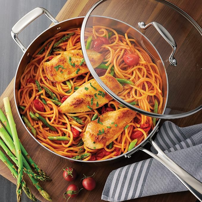 Tramontina Boston Tri-Ply Clad Stainless Steel 6-Quart Saute Pan with Lid | Induction-Ready Cooking Pan, Dishwasher-Safe, NSF-Certified