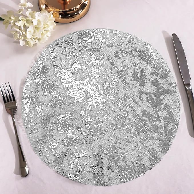 Snowkingdom Silver Disposable Placemats Set of 24 Foil Mesh 13 Inch Round Pressed Table Mates 24 Pack Silver Doilies for Dining Table Wedding Birthday Party Holiday Home Decoration