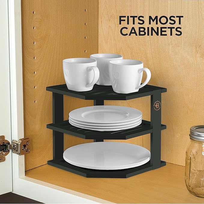 Black Plate Organizer for Cabinet - 3 Tier Bamboo Corner Cabinet Organizer Shelf for Plates Bowls Mugs Cups, Kitchen Cabinet Organizer, Cabinet Shelf Organizer, Countertop Rack, 10 x 10 x 9.5 Inch