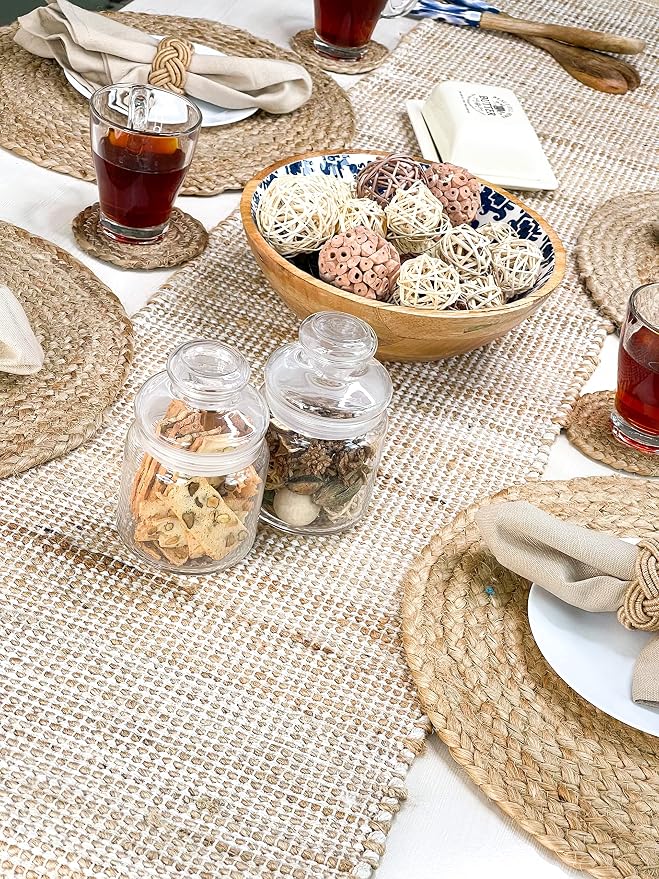 Natural Jute Table Runner 13x108 Inch – Vintage Boho Rustic Table Decor – Handwoven Long Table Runner in Natural Jute and Ivory – Farmhouse Dining or Console Table Accent