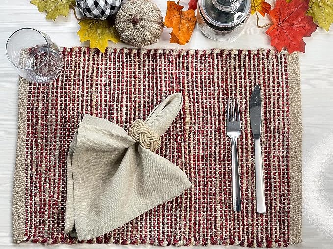 Natural Jute & Red Placemats, Set of 4 – Rustic Handmade Boho Table Mats, 13x19 Inch Dining Table Placemats for Kitchen, Everyday Meals, Holidays, Farmhouse or Modern Table Décor