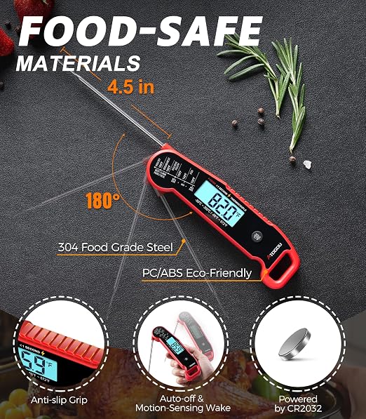 Atogou Professional Meat Thermometer Digital, <1 Sec Instant Read, Red | ±0.5℉Accuracy, IP67 Waterproof, Thermocouple Sensor Probe, with Hold, Magnetic Back, for Kithchen, BBQ, Grill for Men Him Dad