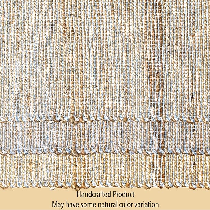 Natural Jute Table Runner, 13x36 Inch, Sky Blue-White | Vintage Boho Rustic Table Decor, Handwoven, Farmhouse Dining or Console Accent