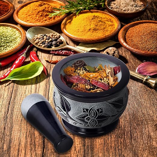 Mortar and Pestle, Made of Heavy Duty Polished Hard Stone, Natural Stone Grinder for Spices, Pastes, Herbs, Seasoning etc. (Floral)