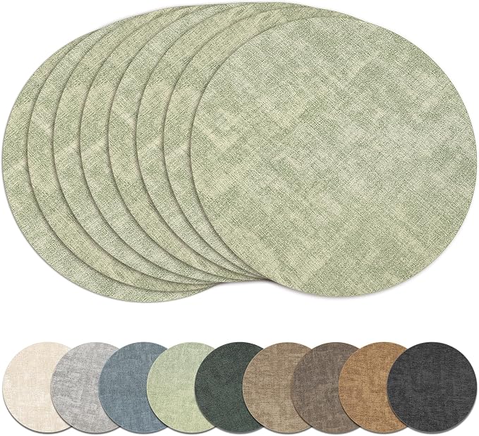 13" Round Placemats Set of 8, Reversible Faux Leather Wipeable Table Mats | 2mm Vinyl Heat Resistant Waterproof Oilproof Scratch Proof Non-Slip, Washable for Kitchen Dining Indoor Outdoor (Light Green)