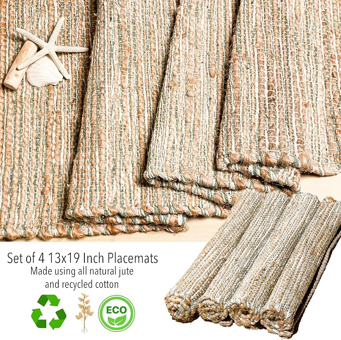 Natural Jute Sage Green-White Placemats, Set of 4, 13x19 | Rustic Handmade Boho Table Mats, In Dining Table, Kitchen, Everyday Meals, Holidays, Farmhouse or Modern Table Décor