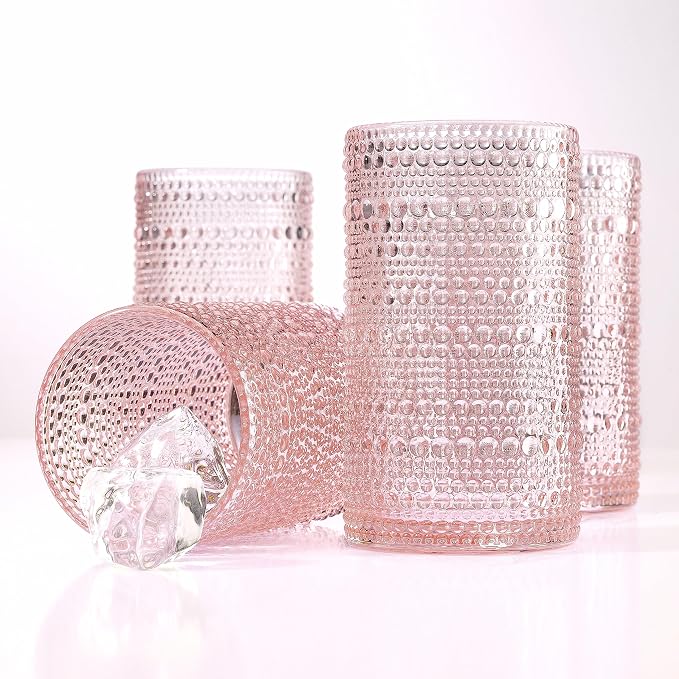 Glaver's Hobnail Drinking Glasses, Pink Vintage Glassware Set, Beaded Drinking Glasses, Set Of 4 15 oz Cocktail Glass Set, Bubble Glasses, For Everyday Usage