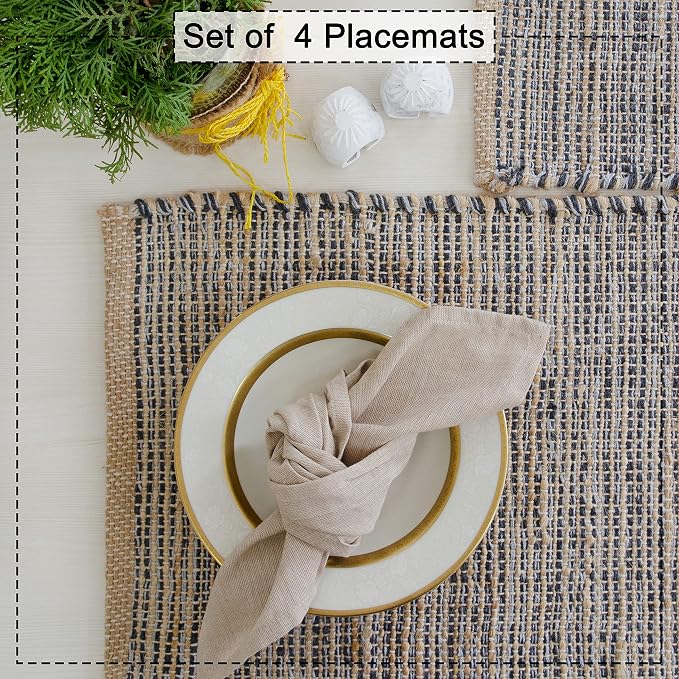 Natural Jute & Grey Placemats, Set of 4 – Rustic Handmade Boho Table Mats, 13x19 Inch Dining Table Placemats for Kitchen, Everyday Meals, Holidays, Farmhouse or Modern Table Décor