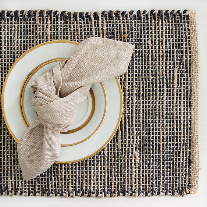 Natural Jute & Black Placemats, Set of 4 – Rustic Handmade Boho Table Mats, 13x19 Inch Dining Table Placemats for Kitchen, Everyday Meals, Holidays, Farmhouse or Modern Table Décor