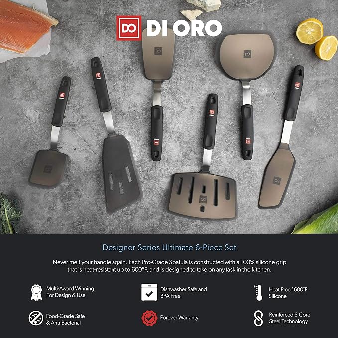 DI ORO Silicone Turner Spatula Set - 600F Heat Resistant, 6-Pc Black | Flexible flippers for eggs, pancakes, and crepes; Won't scratch nonstick pots and pans; BPA-free and dishwasher safe