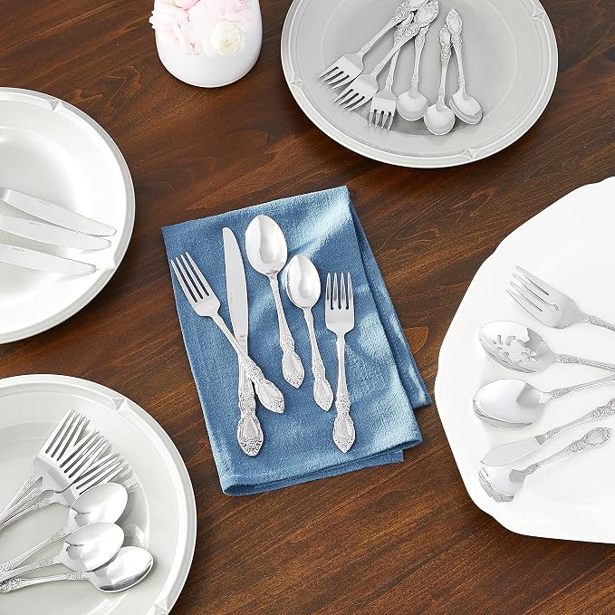 Oneida Wordsworth 45-Piece 18/0 Silverware Set for 8, Flatware | mirror finish, dishwasher safe | includes serving spoons and utensil set | cutlery set, wedding silverware
