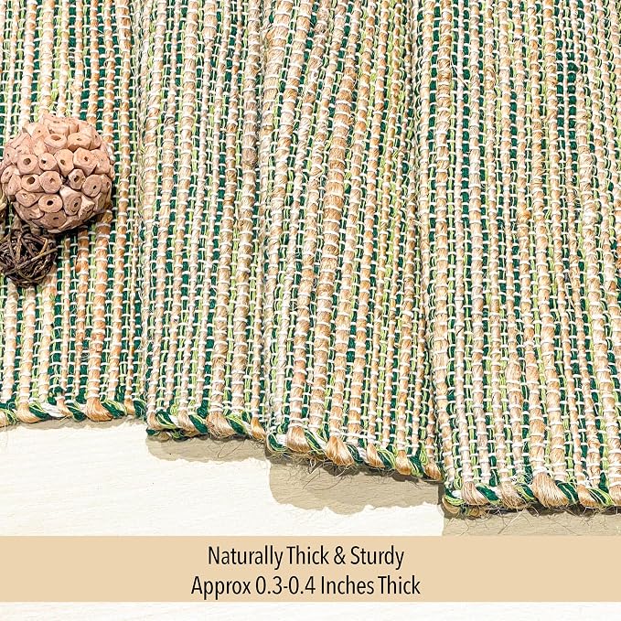 Chardin Natural Jute Table Runner, 13x36 Inch | Home, Vintage Boho Rustic Decor, Handwoven, Green, Farmhouse Dining or Console Table Accent