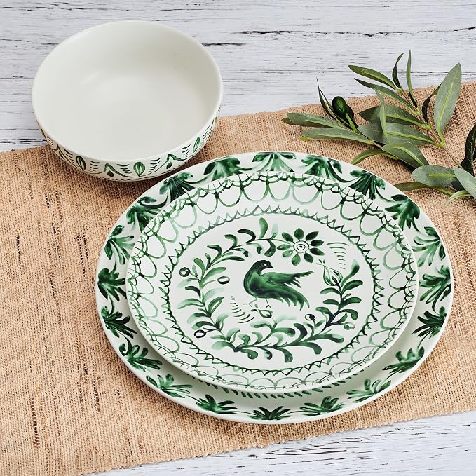 Fitz and Floyd Sicily Green 12-Piece Dinnerware Set - Stoneware Plates and Bowls Set for 4, Floral Green and White Dish Set, Microwave and Dishwasher Safe