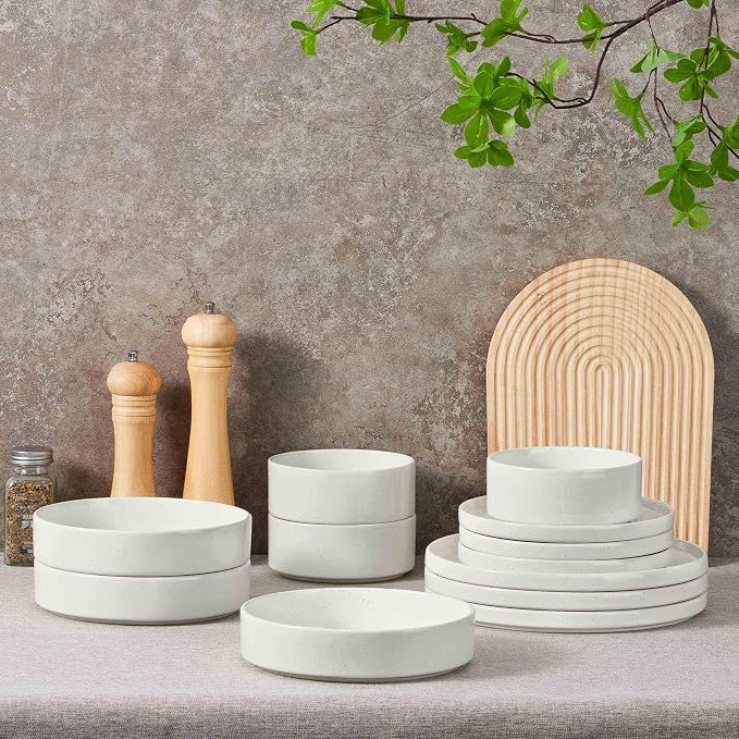 Herogo 24 Piece Dinnerware Sets with Pasta Bowls for 6, Dinner Salad Plates and Cereal Serving Bowls, Stoneware Dishes Dinner Ware for Kitchen Dining, Dishwasher & Microwave Safe, Speckled White