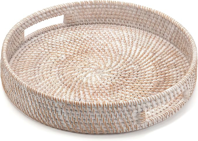 14" Round Rattan Tray, Hand Woven Serving Tray with Handles, Wicker Serving Basket, Decorative Tray for Home Decor, Whitewash