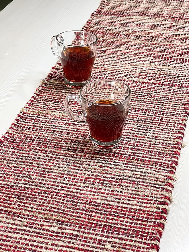 Natural Jute Table Runner 13x108 Inch – Vintage Boho Rustic Table Decor – Handwoven Long Table Runner in Natural Jute and Red – Farmhouse Dining or Console Table Accent