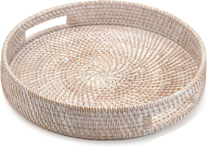 11.8" Round Rattan Tray, Hand Woven Serving Tray with Handles, Wicker Serving Basket, Decorative Tray for Home Decor, Whitewash