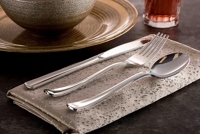 600 Plastic Silverware Set - Plastic Cutlery Set - Disposable - Flatware Set - 200 Forks - 200 Spoons - 200 Knives - Heavy Duty - Party Bulk - Silver