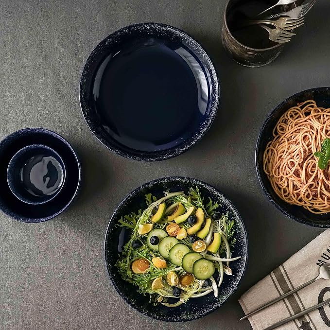 S&Q'S CERAMICS Large Serving Bowls Set of 4, 65 ounce Large Salad Bowls, 10'' Ceramic Wide Shallow Bowl Plates, Pasta Serving Dishes for Party, Entertaining, Microwave Safe(Navy Blue)