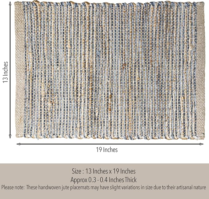Natural Jute & Grey Placemats, Set of 4 – Rustic Handmade Boho Table Mats, 13x19 Inch Dining Table Placemats for Kitchen, Everyday Meals, Holidays, Farmhouse or Modern Table Décor
