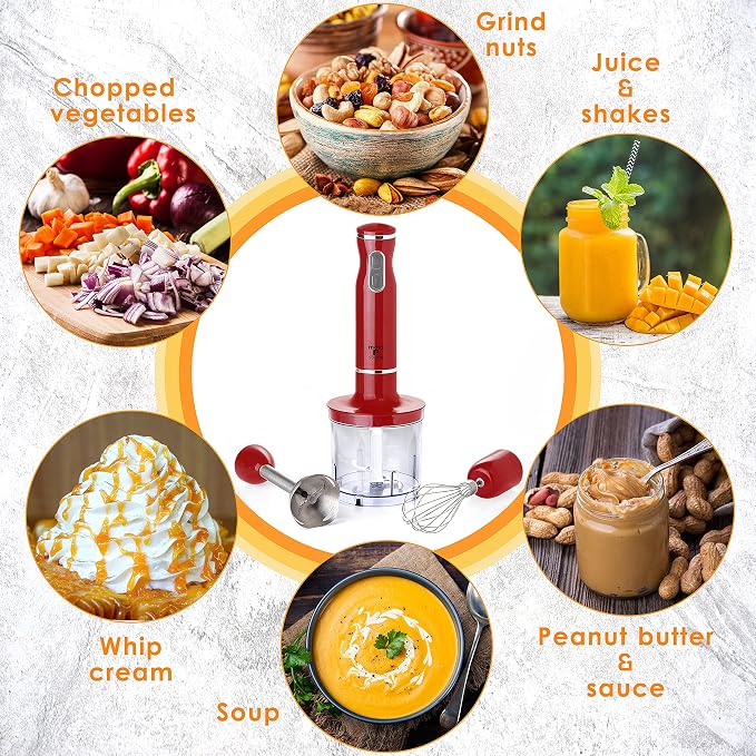 Moss & Stone Electric Hand Blender Set, 300W Immersion Hand Blender with Whisk and Chopper, Stainless Steel Shaft and Blades, 2-Speed Handheld Mixer with Ergonomic Grip, Red