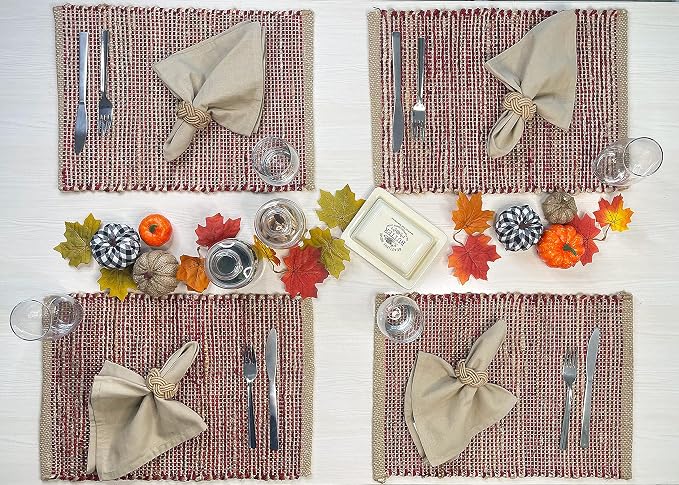 Natural Jute & Red Placemats, Set of 4 – Rustic Handmade Boho Table Mats, 13x19 Inch Dining Table Placemats for Kitchen, Everyday Meals, Holidays, Farmhouse or Modern Table Décor