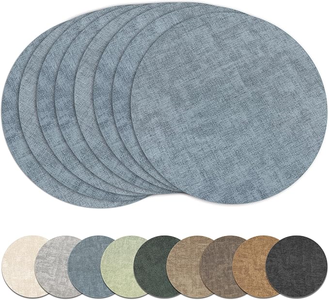 13" Round Placemats Set of 8, Reversible Faux Leather Wipeable Table Mats | 2mm Vinyl Heat Resistant, Waterproof Oilproof Scratch Proof Non-Slip, Washable for Kitchen Dining Indoor Outdoor (Light Blue)