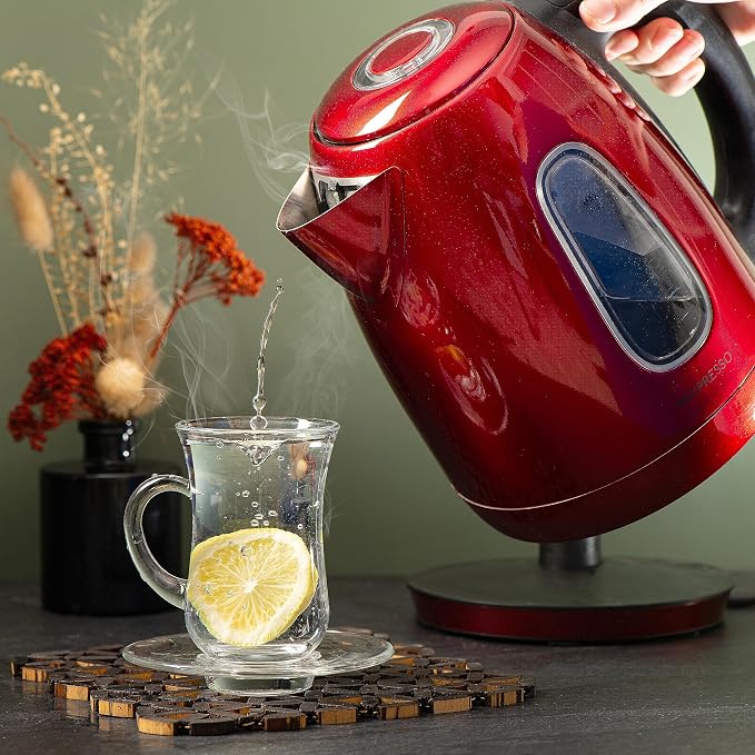Moss & Stone Red Stainless Steel Electric Kettle, 1.7L Cordless 1500W | Large, portable hot water tea kettle, fast boiling pot, boil-dry protection, auto shut-off, blue Illuminate LED light