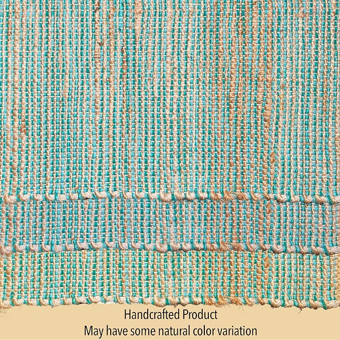 Natural Jute Table Runner 13x108 Inch – Vintage Boho Rustic Table Decor – Handwoven Long Table Runner in Natural Jute and Aqua Turquoise – Farmhouse Dining or Console Table Accent