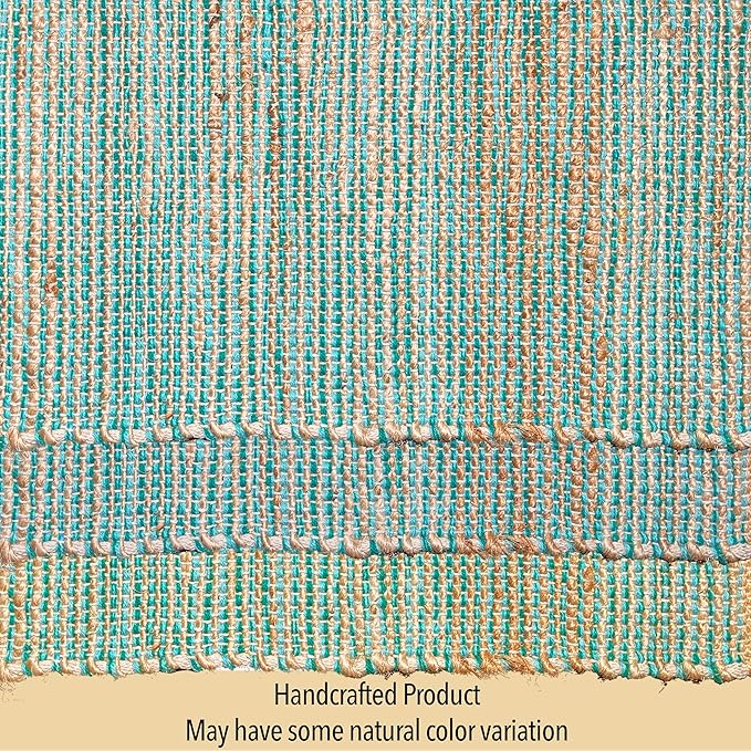 Natural Jute Table Runner 13x36 Inch – Vintage Boho Rustic Table Decor – Handwoven Table Runner in Natural Jute and Aqua Turquoise – Farmhouse Dining or Console Table Accent