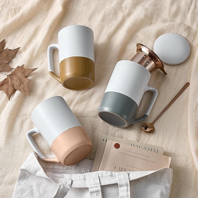 Gencywe Ceramics Large Tea Cup with Loose Leaf Infuser, Spoon and Lid, 16 oz Tall Coffee Mug, Microwave and Dishwasher Safe, Rustic Matte Ceramic Glaze, Tea Strainer (Gray)