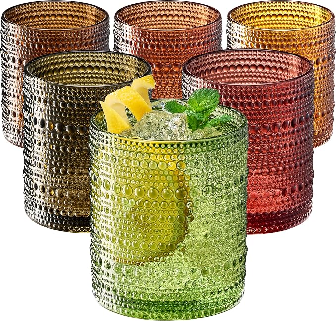 Shades of Summer Set of 6 Luxury Hobnail Drinking Glasses - 11oz Jewel-Toned Vintage Beaded Highball Tumblers - Textured Bubble Glassware Drinks Cocktails & Wine Elegant Boho Home Bar & Dining Décor