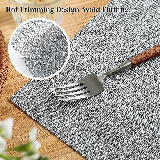 Leetaltree Lunar Grey Placemats Set of 6 - Heat Resistant Non-Slip Place mats for Dining Table, Washable Durable PVC Vinyl Woven Table Mats（Lunar Grey, 6）