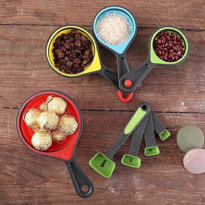 Collapsible Colander Set - 2 Pc Strainer Plus Food Grade Silicone Measuring Cups and Spoons - Pasta Strainer for Draining, Vegetables, Fruits 1 Medium 4-Quart & 1 Small 2-Quart - Home Essentials