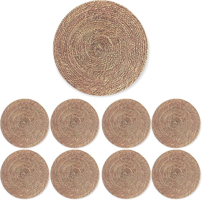 13.8" Set of 8 Brown Seagrass Woven Round Placemats - Wicker Boho Farmhouse Placemats - Rattan Table Mats Like Water Hyacinth for Dining Table, Wedding, Home (Brown Seagrass)