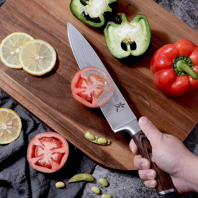 SAMCOOK Damascus Chef Knife - 8 Inch Professional Sharp Kitchen Knife, High Carbon Stainless Steel Meat Sushi Cutting Gyuto knife - Ergonomic Pakkawood Handle with Gift Box