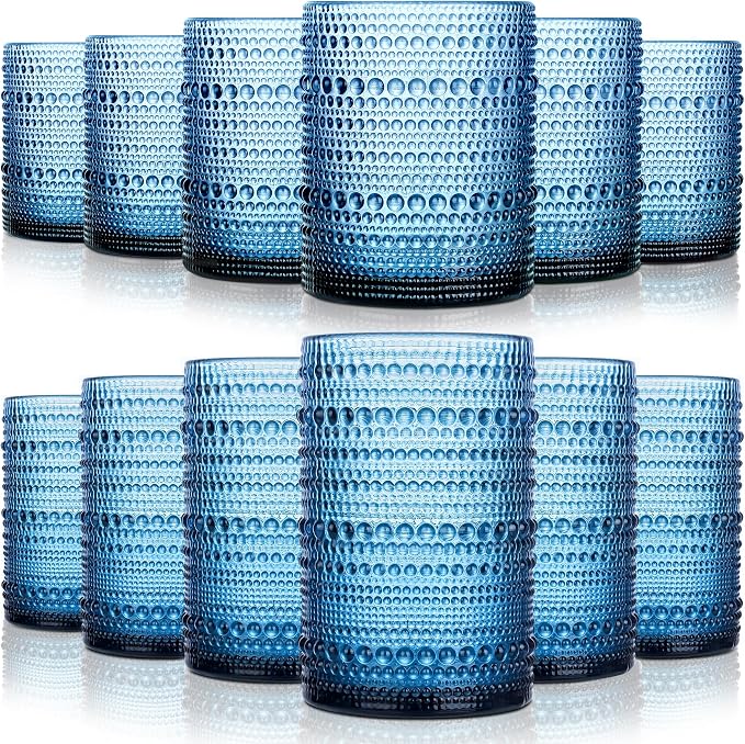 KMIGRUAN Hobnail Drinking Glasses Set of 12, 15Oz & 12Oz Cocktail Glasses | Blue-Vintage Highball Glasses, Embossed Beaded Water Glass Cups for Juice and Various Mixed Drinks, Kitchen Drinking Glasses