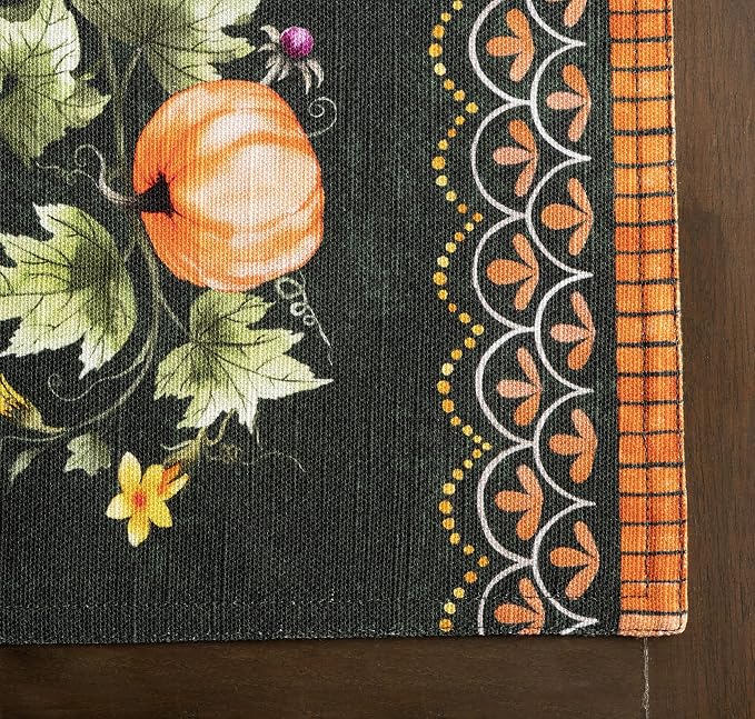 Maison d' Hermine Placemats Set of 4 Reusable 100% Cotton (13"x19") | Cloth Place Mats Washable Table Mats for Kitchen Dining Party Hotel Home Thanksgiving Christmas - Pumpkin Garden - Dark Green