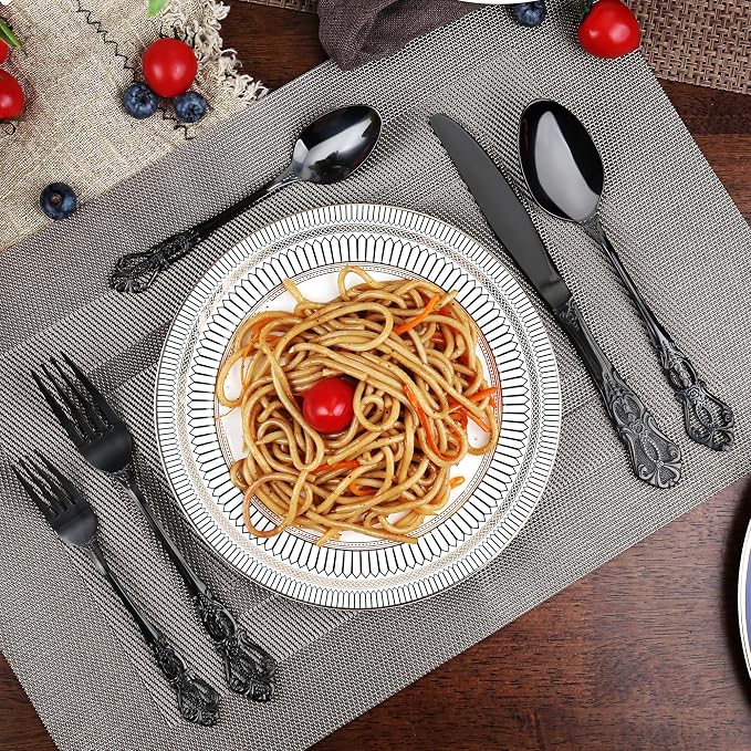 Black Silverware Set, 30 Pieces Retro Royal Silverware Set for 6, Gothic Decor Stainless Steel Flatware Set Including Fork Spoon and Knife, Dishwasher Safe, Black