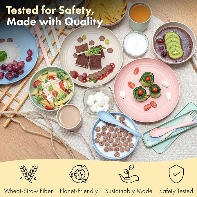 FOODLE Wheat Straw Dinnerware Set - Non-Toxic Kids Plates and Bowls Sets | BPA-Free & Safety Tested - Dishwasher & Microwave Safe - Easy to Clean - Children, Camping, College Dorm Dishes - For 4