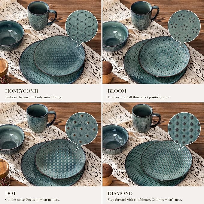 MALACASA 16 Pieces Dinnerware Sets, Farmhouse Plates and Bowls Sets, Embossed Green Dish Set for 4, Vintage Relief Ceramic Dish Set with Mugs, Microwave and Dishwasher Safe, Series LYDIA