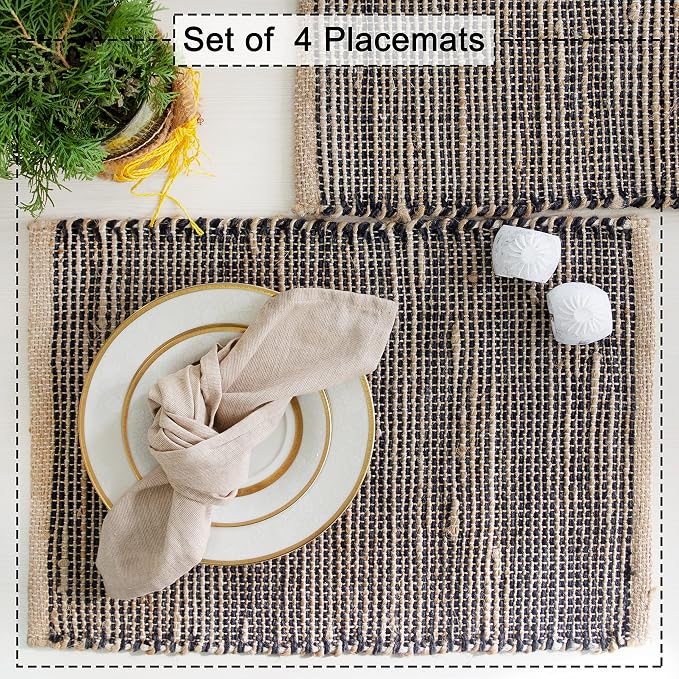Natural Jute & Black Placemats, Set of 4 – Rustic Handmade Boho Table Mats, 13x19 Inch Dining Table Placemats for Kitchen, Everyday Meals, Holidays, Farmhouse or Modern Table Décor