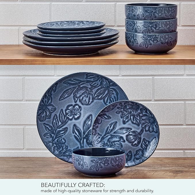 Paltzgraff Garden Elegance 12 Piece Floral Stoneware Dinnerware Plate Bowl Dish Set, Service for 4, Blue
