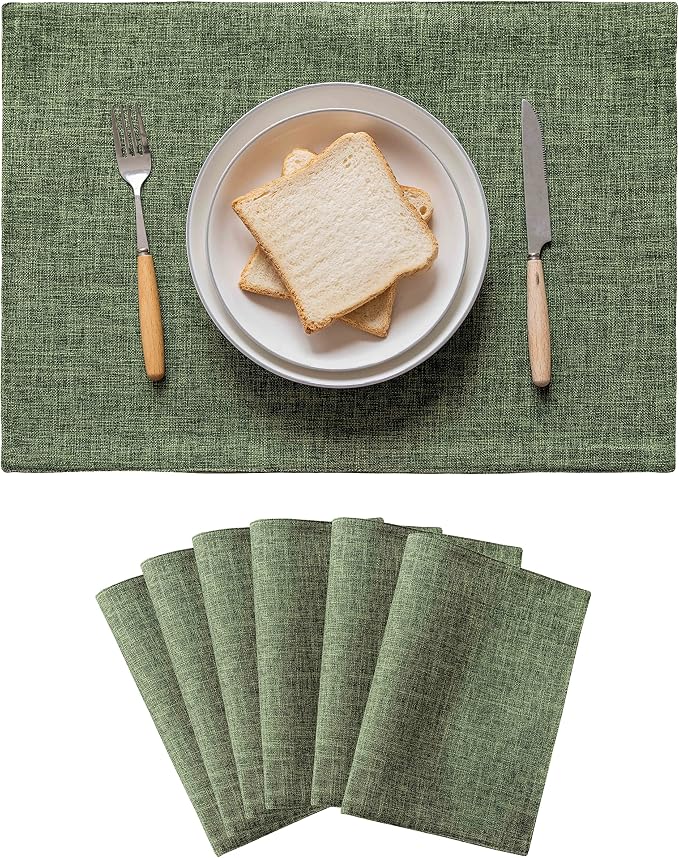 Home Brilliant Linen Cloth Placemats Set of 6 Heat Resistant Dining Table Place Mats Kitchen Washable Dining Mats for Dinner Summer Decor, Green
