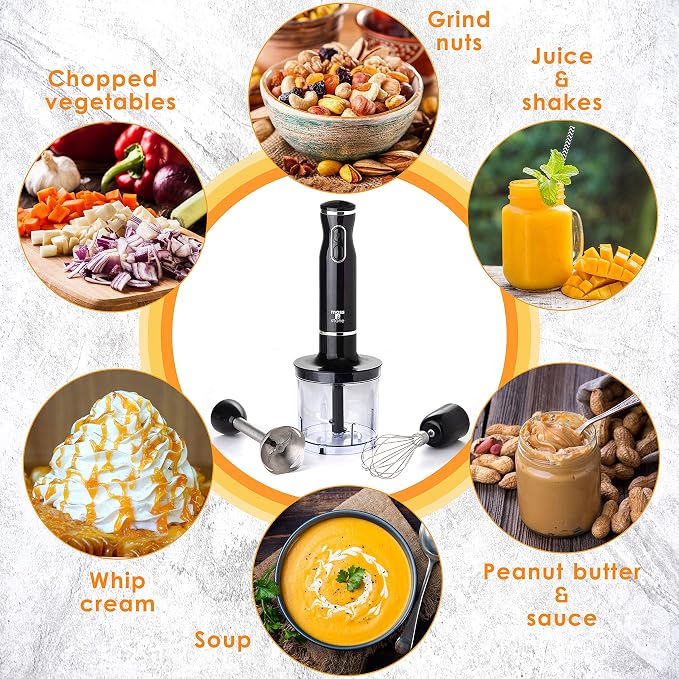 Moss & Stone Electric Hand Blender Set, 300W Immersion Hand Blender with Whisk and Chopper, Stainless Steel Shaft and Blades, 2-Speed Handheld Mixer with Ergonomic Grip, Black