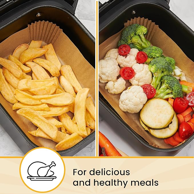 Rectangular Air Fryer Liners Disposable, 125 Pcs Parchment for Dual Baskets | Non-stick & oil-proof for easy cleanup, unbleached natural wood pulp, oven & microwave safe