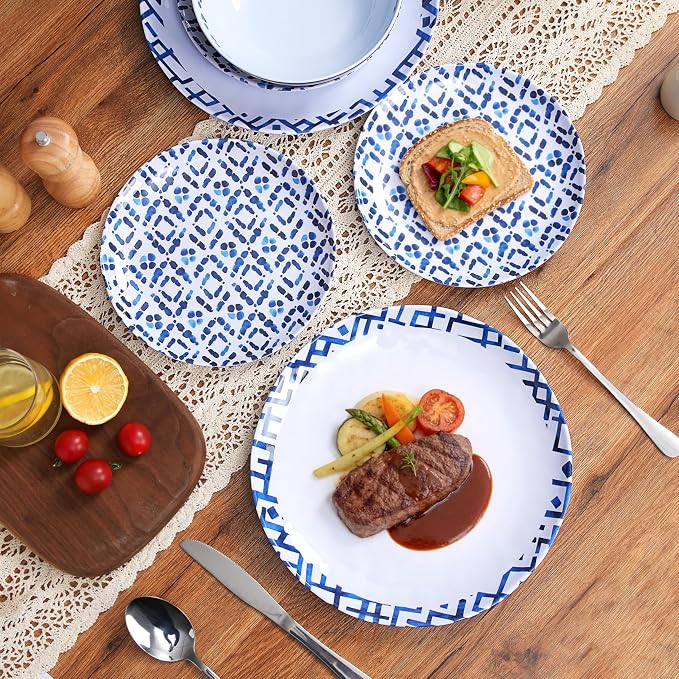 12pcs Melamine Dinnerware Set - Unbreakable Plates and Bowls Set | Blue Grid Stripes Dinner Dish Set for Indoor/Outdoor Use - Modern Style Service for 4 - Break-Resistant Dishwasher Safe
